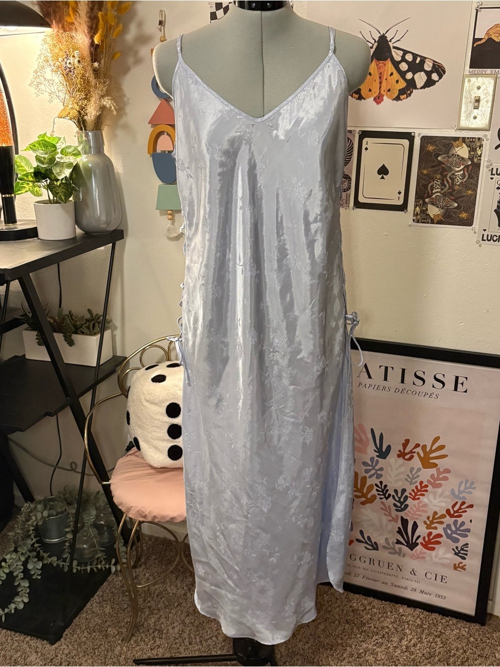 Vintage Inner Most Silver Blue Floral Jacquard Lace-Up Slip Dress L